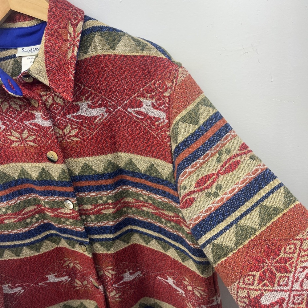 Vintage 90's Tapestry Woven Knit Jacket Wool Blend Western Deer Womens Medium - Picture 4 of 12